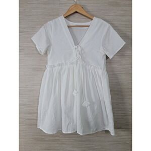 Hazel Peplum Top Womens Small White Tie Front Short Sleeve Ruffle Waist V-Neck